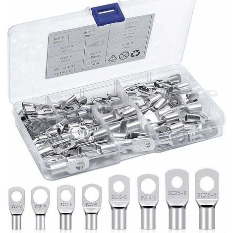 Kit de bornes à sertir, bornes électriques 6 mm², 10 mm², 16 mm², 25 mm², bornes à anneau, bornes en cuivre étamé, connecteurs SC, adaptés aux batteries automobiles et motos (120 pièces). (1/4)