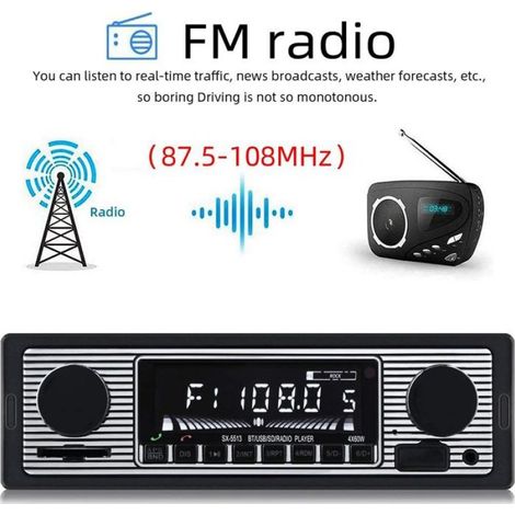Autoradio Bluetooth Vintage - Lecteur MP3 USB AUX FM - Pour Voiture Électrique et Thermique - 178 x 115 x 58 mm - 1 Pièce (1/5)