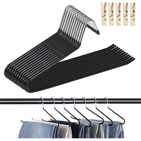 Lot de 12 Cintre pour Pantalon, Antidérapant avec 5 Clips, Extrémité Ouverte, Gain de Place, pour Jeans, Écharpes, Serviettes, Noir