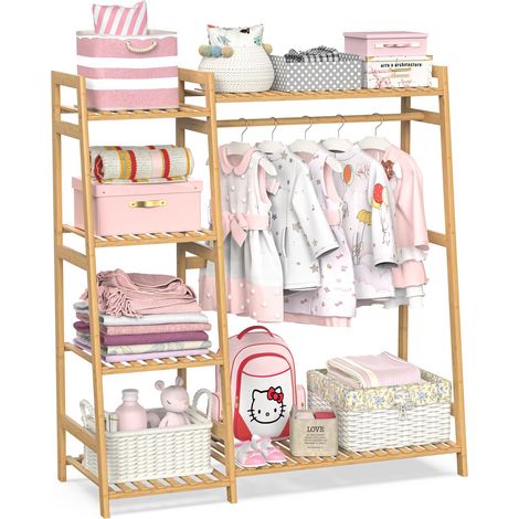 Porte-vêtements pour enfants avec étagères, portant à vêtements en bambou pour enfants et bébés, étagère de rangement pour vêtements d'enfants avec étagère supérieure, armoire pour (1/5)