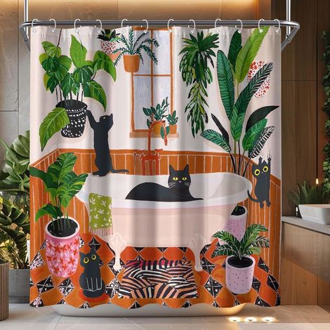 Rideau De Douche Chat - 180x180 cm - Polyester Imperméable - Motifs Artistiques Chats Noirs Et Plantes Tropicales - Avec Anneaux Métalliques (1/5)