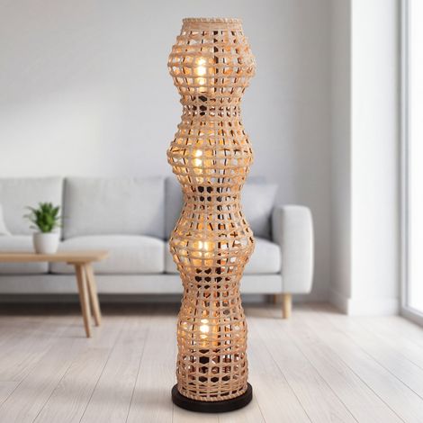 Stehlampe Korbschirm Rattan 111 cm hoch Schwarz Natur E27 4-flammig niedrig Boho Stehleuchte