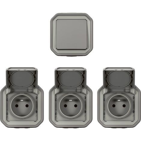Plexo Grau Komplett Set aus 3 Steckdosen 2p+t und 1 Schalter - Legrand