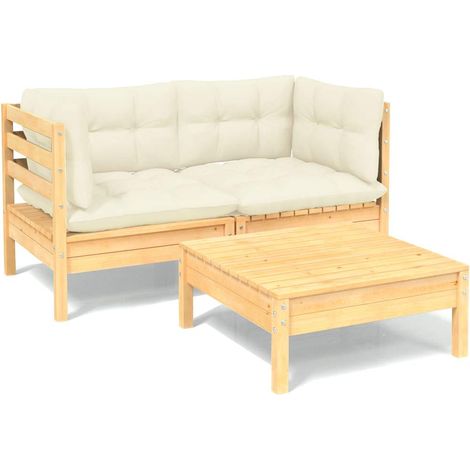 Set Salotto da Giardino 3 pz con Cuscini Crema Legno di Pino (1/5)