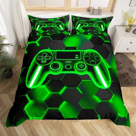 Gamer Parure de Lit Gaming Literie Set Enfants Garçons Filles Adolescents Chambre décor Vert et Noir Console de Jeu Housse de Couette 140x200cm Gamepad Cellulaire géométrique décor (1/5)