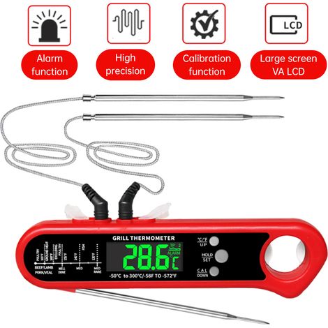 Thermomètre à viande numérique, idéal pour la cuisson, fonctionne sur piles, possède deux sondes, lecture instantanée en 2 à 3 secondes, alarme magnétique et ouvre-bouteille, écran LCD, four, barbecue (1/5)