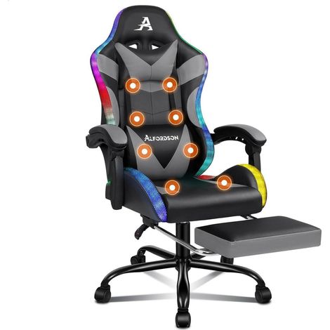 Massage-Gaming-Stuhl LED 150° Neigung Fußstütze höhenverstellbar Grau Lyam (1/5)