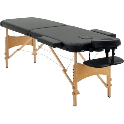 Lit de massage pliable 2 sections à cadre bois, table de soins spa portable noire, sac de transport fourni (1/5)