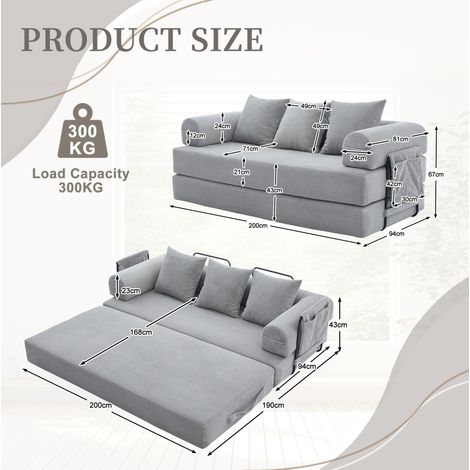 Sofá cama 200x94x67 cm gris claro, bolsillo lateral, tejido acanalado, MEUBLIV (1/5)