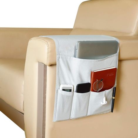 Sofa and armchair organizer, remote control holder, sofa arm caddy with 5 pockets, hanging storage bag for magazines, books, glasses, gray (1/5)
