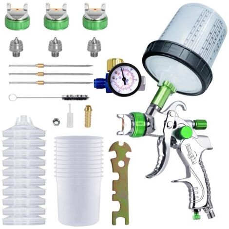 Pistolet pulvérisateur de Peinture avec 10 gobelets jetables de 600 ML et jauge de Pression, kit de Pistolet de pulvérisation de Voiture avec 3 Buses 1,4/1,7/2 mm et gobelet mélangeur (Vert) (1/5)