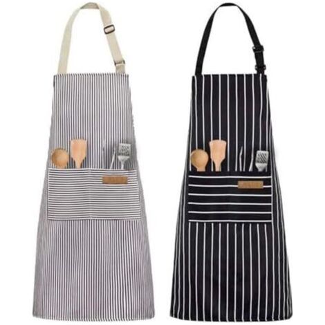 Lot de 2 tabliers de cuisine pour femmes et garçons, tablier enfant avec 2 poches, tablier de cuisine rayé pour enfants, tablier rayé ajustable pour femmes et hommes, idéal pour la cuisine, la boucher (1/4)