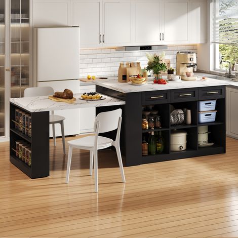 Îlot de cuisine multifonctionnel avec table à manger extensible blanche de 150cm+96 cm,armoires intégrées,plan de travail en bois,Noir+blanc (1/5)