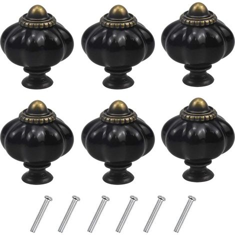 (Noir) Lot de 6 poignées de meubles vintage en forme de citrouille, boutons de tiroir avec vis pour armoires de cuisine, commodes et penderies (1/5)