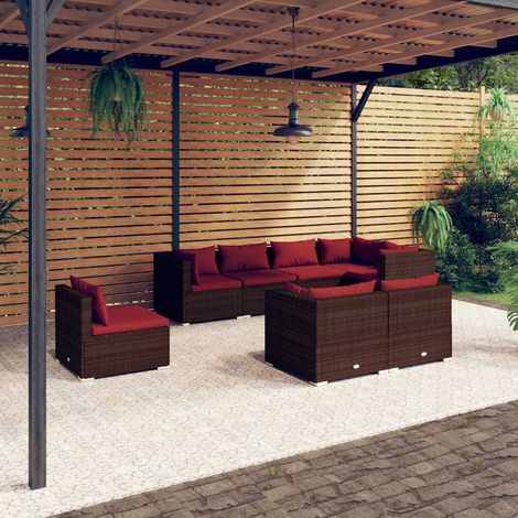 Salon de jardin 8 pcs Ensemble Table et Chaise de Jardin - avec coussins Résine tressée Marron BV567525 - BonneVie (1/5)