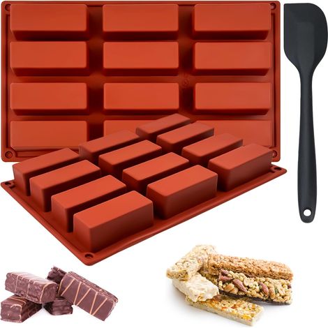2 Pièces Moule Barre de Céréales, 12 Cavités Moule Financier Silicone avec Spatule Silicone Moule Tablette Chocolat pour Faire des Barres de Céréales au Chocolat Muffins Gâteaux Puddings (1/5)