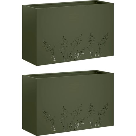 Cache-Pot de Jardin Lot de 2 Bacs à Fleurs Métal Rectangulaires Vert Olive 80 x 30 x 49 cm (1/5)