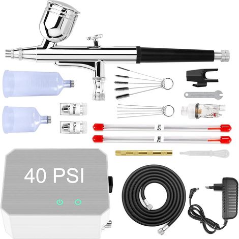 40 PSI Kit Aérographe Complet Professionnel avec Compresseur Aérographe - 0.2/0.3/0.5 mm Buses pour Nail Art, L'artisanat, la Décoration de Gâteaux, la Conception D'ongles,Argent (1/5)
