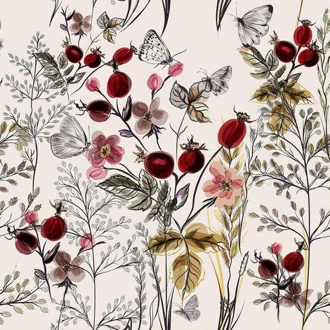 Papier Peint Fleuri Fruits Crème Beige Papier Peint Fleur Papillon Aquarelle Papiers Peints Floral Grenade Rouge Adhesif Mural Decoratif Salon Adhesif pour Meuble Chambre 44,5 cm x 300 cm (1/5)