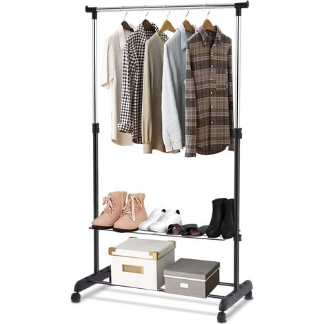 COSTWAY Appendiabiti da Terra Multiuso, Stand Appendiabiti in Acciaio, Porta Abiti con Ruote, Attaccapanni Estensibile, 84 x 42 x 92-168 cm, Nero (1/5)