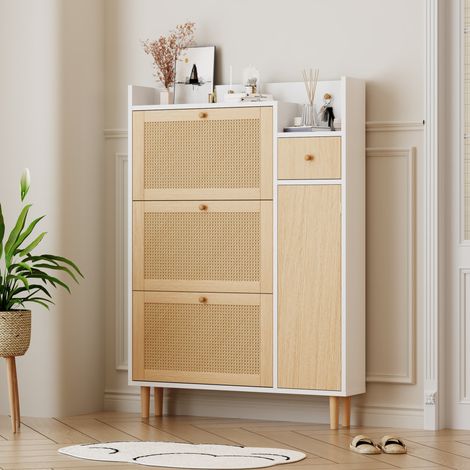 MEUBLIV Meuble à chaussures 90x125x17 cm naturel et blanc – 3 abattants, 1 tiroir (1/5)