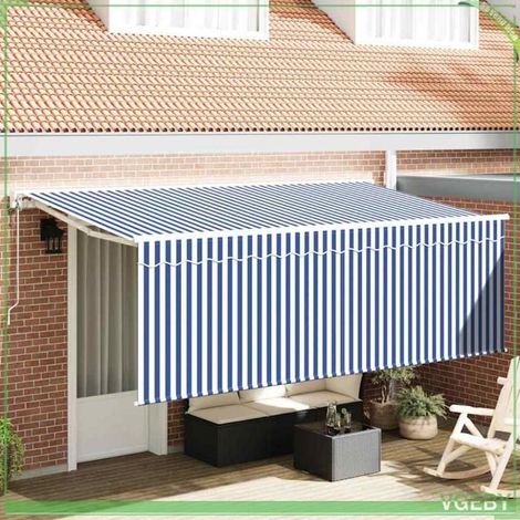 Auvent rétractable - FAF7291712447136 - 350 x 200 cm - Bleu et blanc (rayures) - Tissu anti-UV, cadre aluminium (1/5)