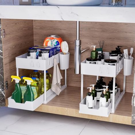 Mensola portaoggetti sottolavello，Organizzatore da cucina a 2 livelli，Cassetto estraibile，Piano di lavoro del bagno，Bianco (1/5)