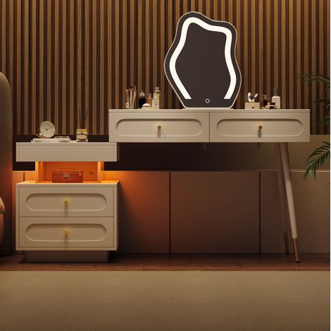 Coiffeuse LED avec miroir lumineux, 4 tiroirs et niche ouverte, blanc 140 x 40 x 130 cm HAVRYA (1/5)