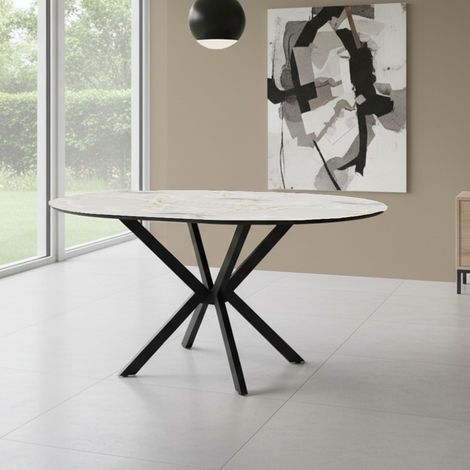 Tavolo rotondo allungabile Diano effetto marmo bianco mola con gambe nere in metallo 110x110x76H (1/5)
