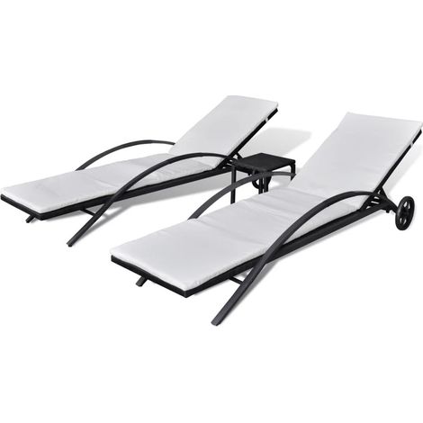 Chaises longues avec table Résine tressée Noir 2 (1/5)