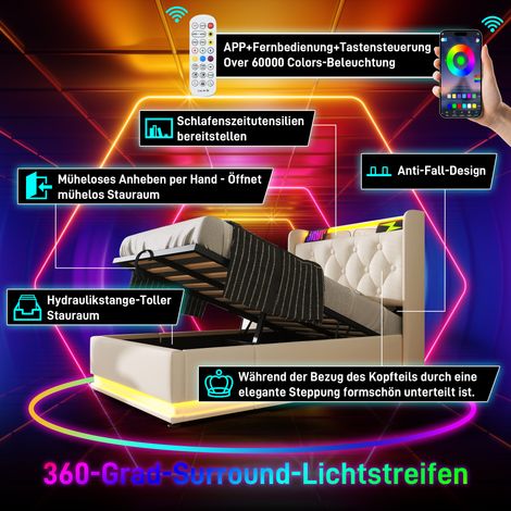 Lit 1 place matelassé, éclairage LED 360°, contrôle par bouton/appli/commande à distance, 90x200 cm, habillage polyuréthane blanc, sommier coffre hydraulique, tête rembourrée avec port USB-C (sans mat (1/5)