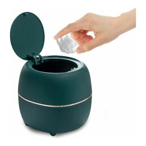Mini poubelle de bureau ronde avec couvercle, plastique, pour la maison, la cuisine, la salle de bain, le bureau (vert) (1/5)