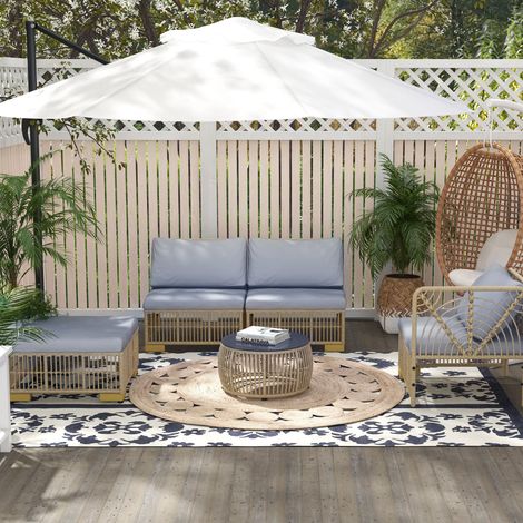 Ensemble de mobilier de jardin 5 pièces, comprenant des coussins d'assise, en rotin synthétique, structure en acier inoxydable, gris clair. (1/5)