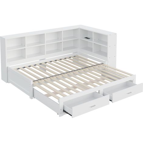 Cama multifunción de madera blanca con cajones, almacenaje y enchufe integrado 90/180 x 190 cm (1/5)