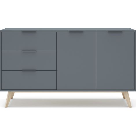 Buffet, commode rectangulaire avec 2 portes et 3 tiroirs aspect bois coloris Vert Kaki, pieds en pin coloris blanc ciré - Longueur 140 x Profondeur 40 x Hauteur 81 cm (1/5)