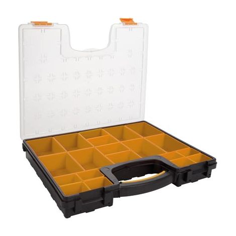 Perel Caja de surtido de plástico con 20 compartimentos caja de almacenamiento con tapa transparente y asa para tornillos tuercas pernos piezas pequeñas hobby pesca bricolaje