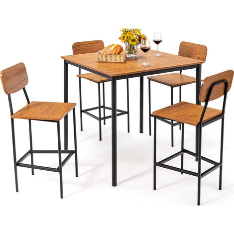 COSTWAY Set 5 Pezzi Tavolo da Pranzo, 1 Tavolo Rettangolare e 4 Sedie con Poggiapiedi, Set di Tavolo da Pranzo Salvaspazio per Casa Ristorante Bar (Marrone Scuro) (1/5)