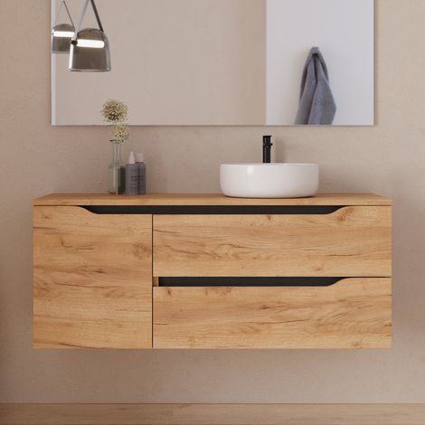 Meuble de salle de bain 120cm avec plateau et vasque à poser déportée à droite Ares - sans miroir - 2 tiroirs et un placard - roble (chêne clair) - ZARZA (1/5)