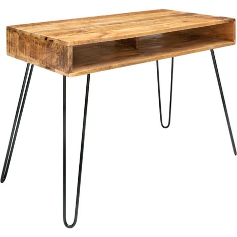 Escritorio industrial SILVA de 100 cm en madera maciza de mango con nicho y patas de aguja en metal negro (1/5)