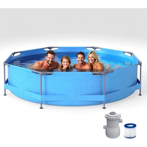 GOPLUS Piscine Hors Sol avec Pompe de Filtration, Piscine Enfants Adulte Pliableen PVC avec Cadre Métallique & Vidange de Fond & Coussinets Antidérapants, Jardin, Terrasse, Pelouse (Bleu,φ3M) (1/5)
