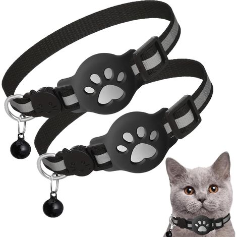 2 Colliers GPS pour Chat avec Support AirTag Intégré, Réfléchissants et Extensibles, Anti-Étranglement, Avec Boucles de Sécurité, Idéal pour Chats et Chatons, Léger et Confortable, Couleur Noir (1/5)