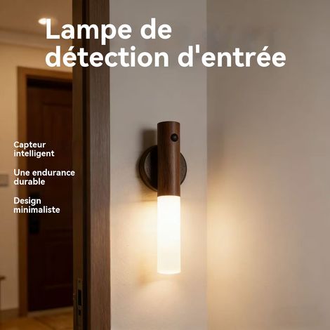 Lampe LED à recharge automatique, lumineuse nocturne avec détection de corps et effet de finition bois, magnétique, pour couloirs, chambres ou passages. (1/3)