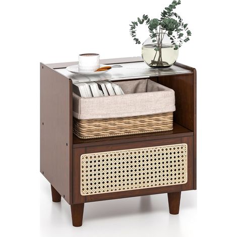 COSTWAY Comodino in Bambù e Rattan, Tavolino da Salotto Boho con Cassetto e Gambe in Legno Massello, Comodino Tavolino in Bambù per Camera da Letto, Soggiorno, 43 x 35 x 50 cm (1) (1/5)