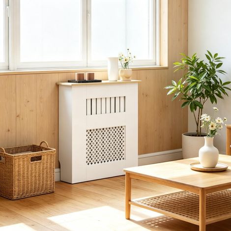 Cubre radiador 78×19×81 cm de MDF y madera melaminada blanco con ventilación – MEUBLIV (1/5)