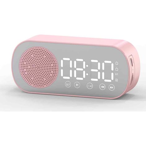 Réveil numérique, haut-parleur Bluetooth sans fil, radio FM, caisson de basses et lecteur de musique (rose) (1/5)