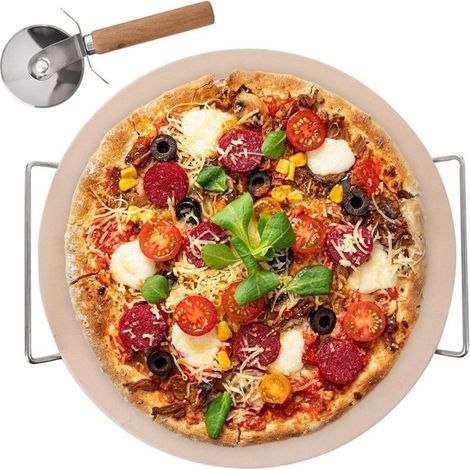 VILDE Kit Pizza Ensemble 3 pièces - Pierre à pizza 33 cm - support en métal - coupe-pizza en inox - Idéal pour cuisson maison (1/5)
