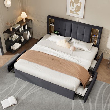 Bettgestell Bett 160x200 Aufbewahrung Kabelladen Grau OKMYHOME (1/5)