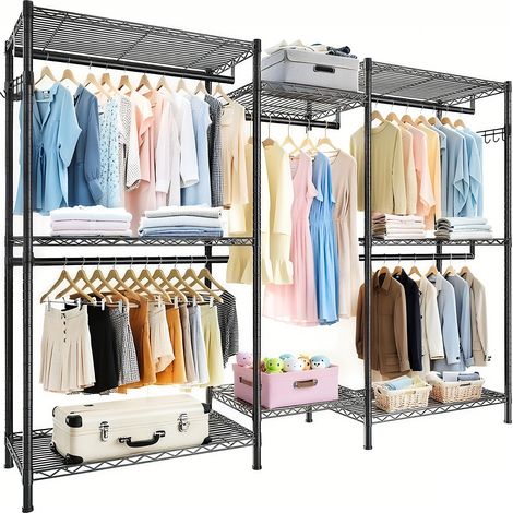 Portant à vêtements robuste, organisateur de placard autoportant, portant à vêtements portable, portant en fil métallique réglable avec 8 étagères et 5 barres de suspension, noir (1/5)