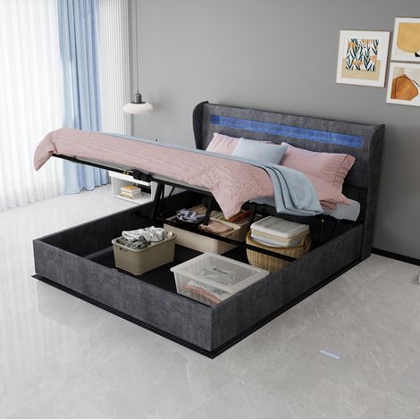 Etagenbett 160/200 cm gris con luz LED integrada y cabecero regulable, estilo moderno (1/5)