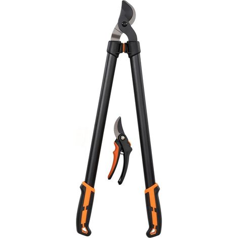 Ensemble de 2 outils de jardin comprenant un sécateur, un cisaille à branches et un outil pour l'entretien des arbustes. (1/5)